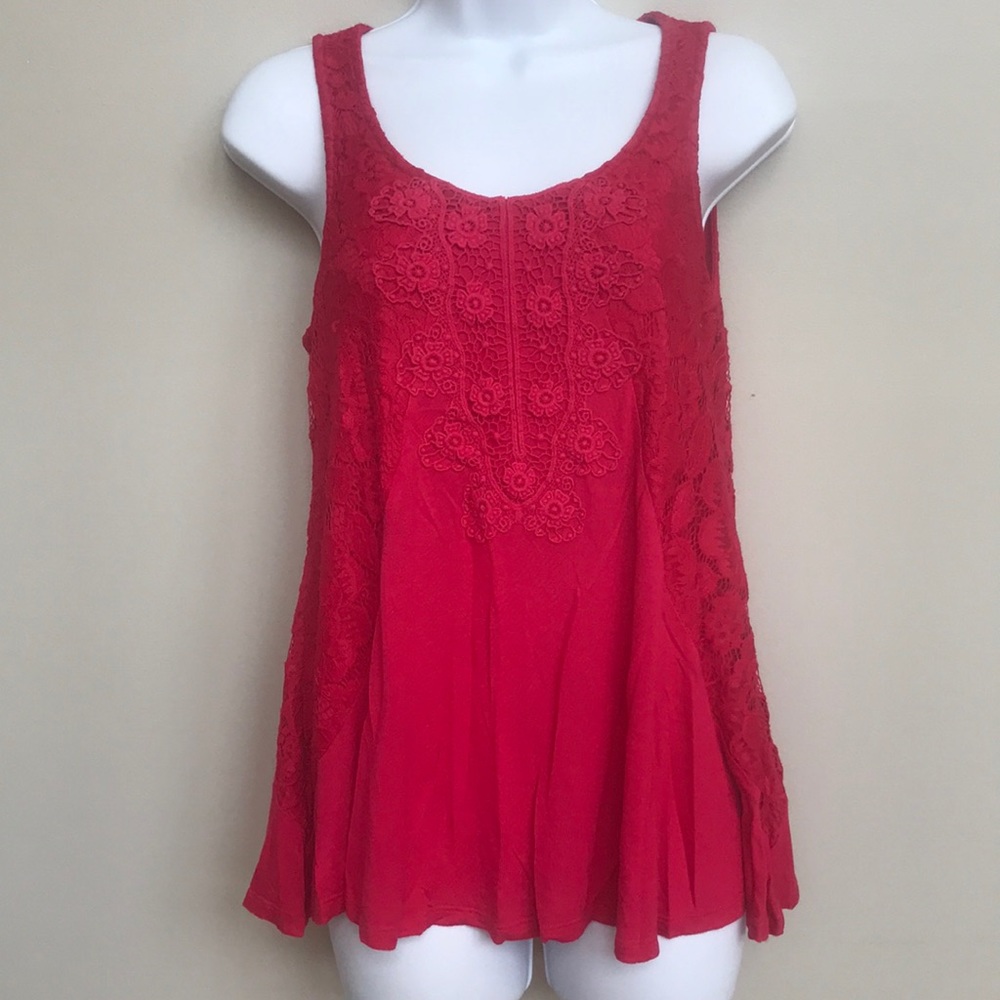 Cupio appliqué and lace tank Red/Pink Small